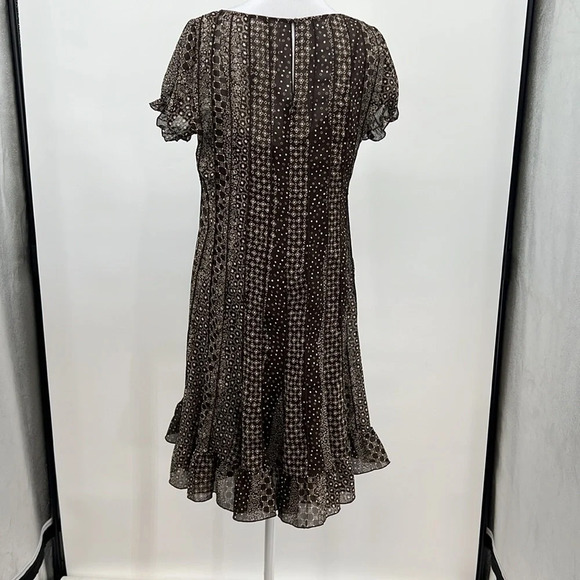 Sandra Darren Dress Womens 6P Brown Cream Batik Ruffled Hem Mini Short Sleeve - Picture 3 of 9